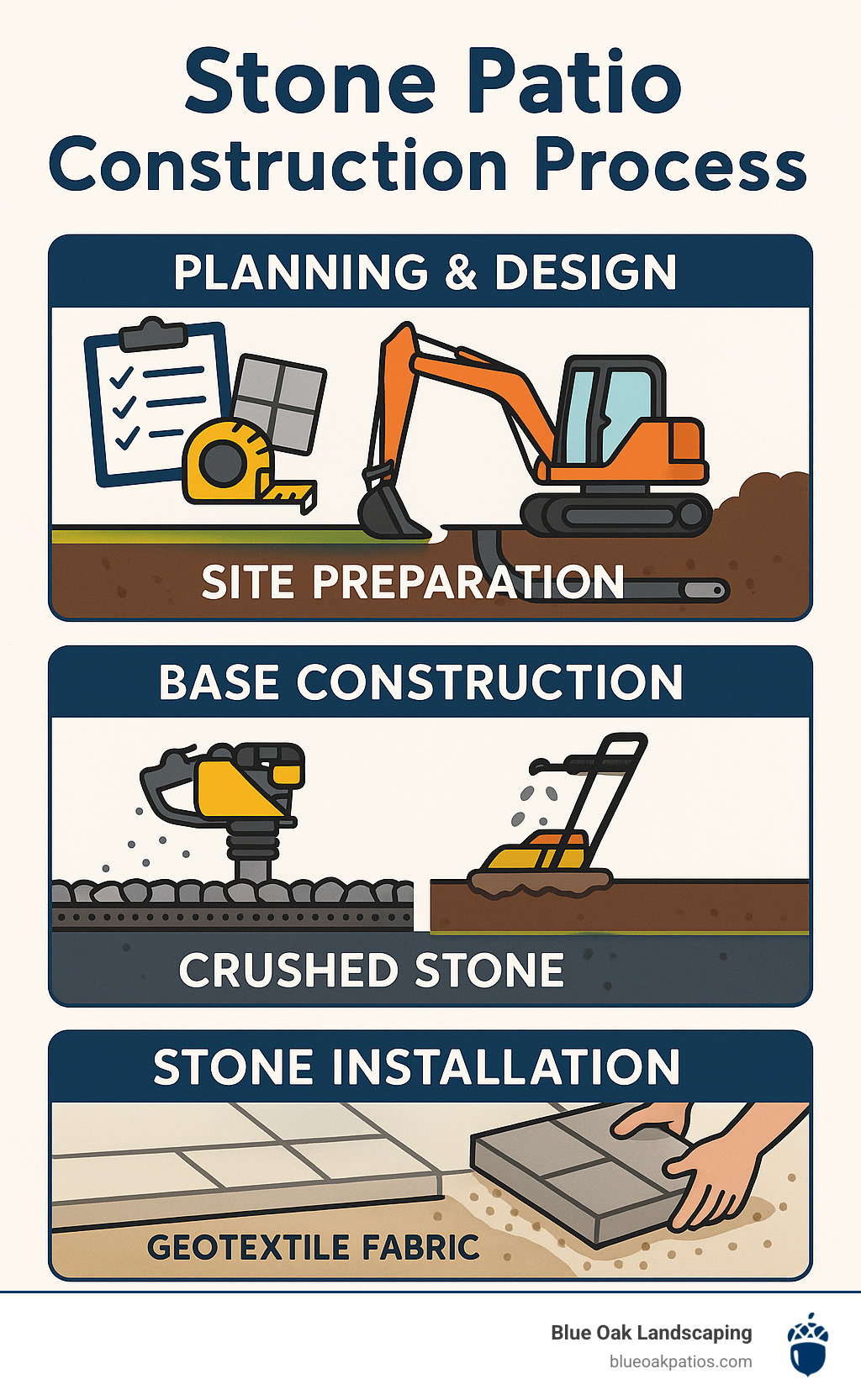 Stone patio construction process showing four key phases: 1) Planning & Design (measuring, material selection, layout), 2) Site Preparation (excavation, drainage setup), 3) Base Construction (geotextile fabric, crushed stone layers, compaction), 4) Stone Installation (bedding layer, stone placement, joint filling) - Stone patio construction tips infographic 