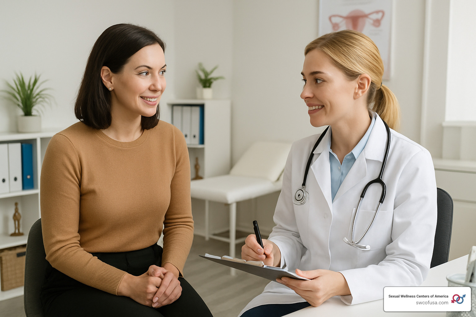 Woman discussing vaginal rejuvenation options with a doctor - vaginal rejuvenation before after photos