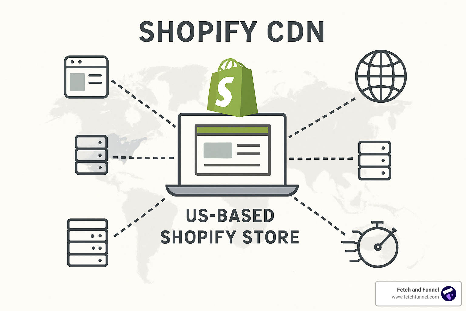 diagram showing how Shopify CDN delivers content globally - optimized theme shopify