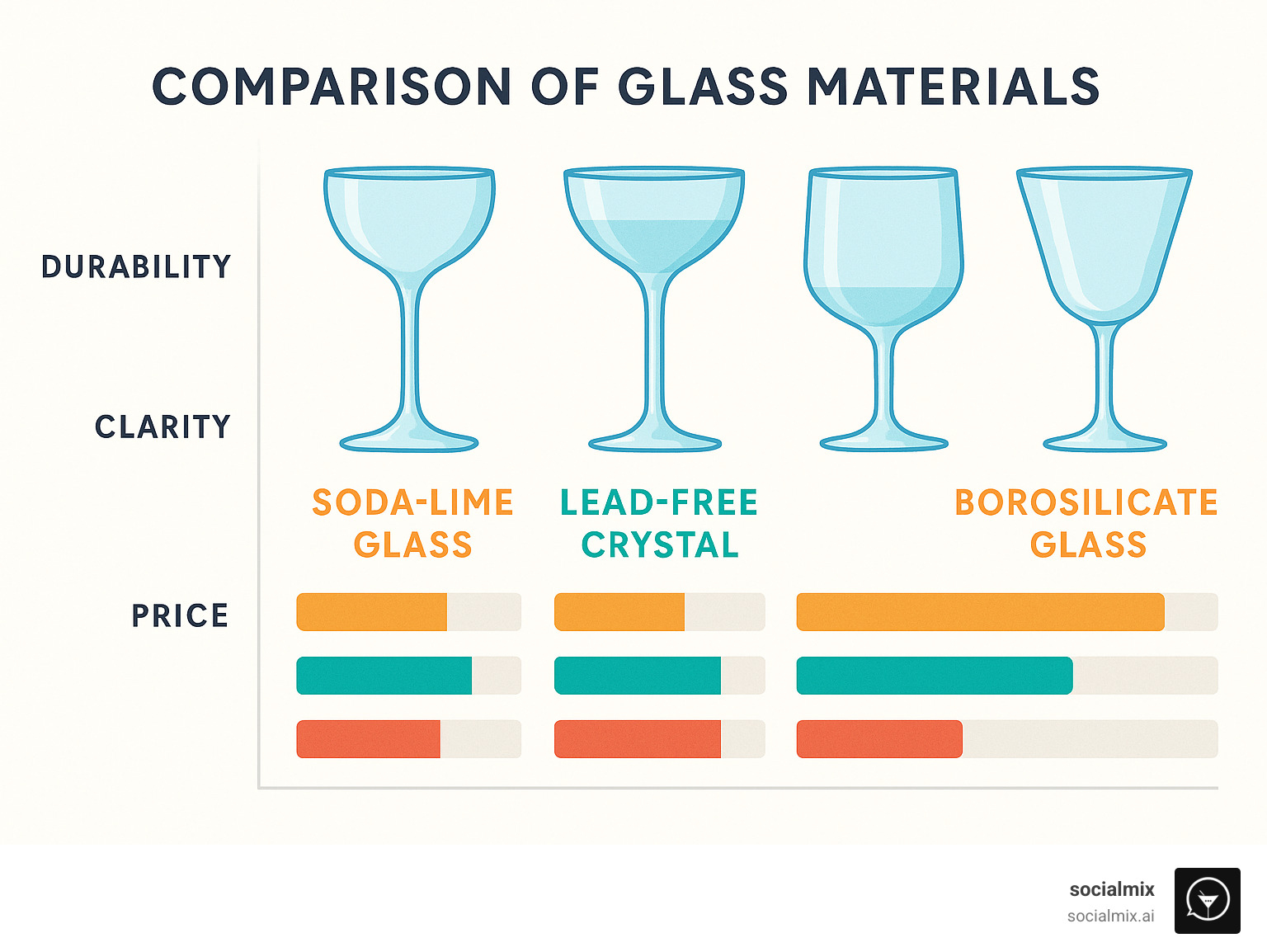 Comparison of different glass materials showing durability, clarity and price points - cocktail glass infographic 
