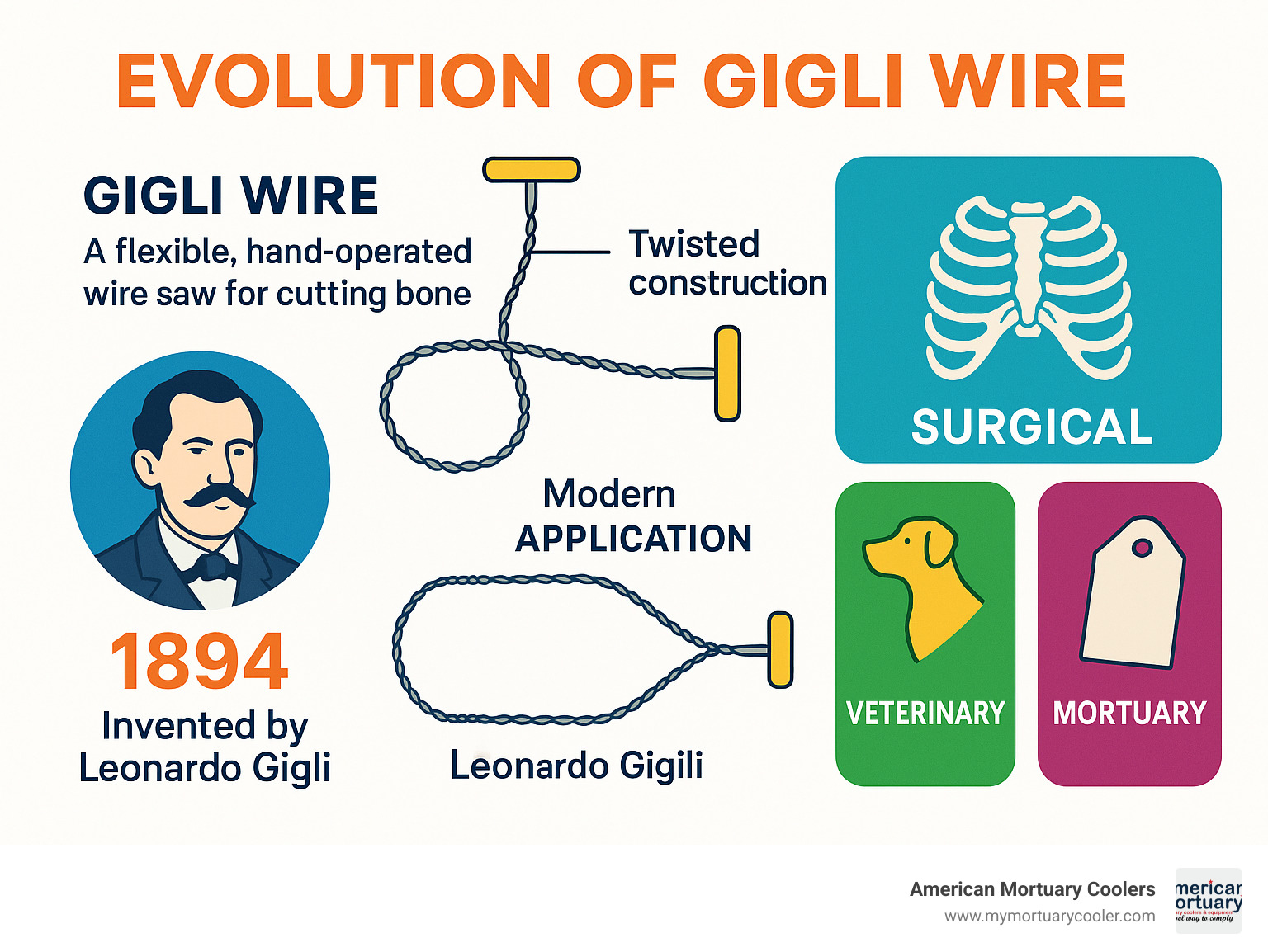 Diagram showing the evolution of gigli wire from 1894 invention to modern surgical, veterinary and mortuary applications, including illustration of the twisted wire construction and T-shaped handles - gigli wire infographic 