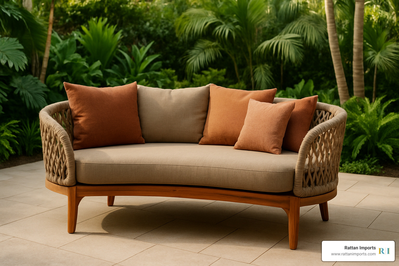 Curved rope-weave sofa with teak frame - balinese lounge