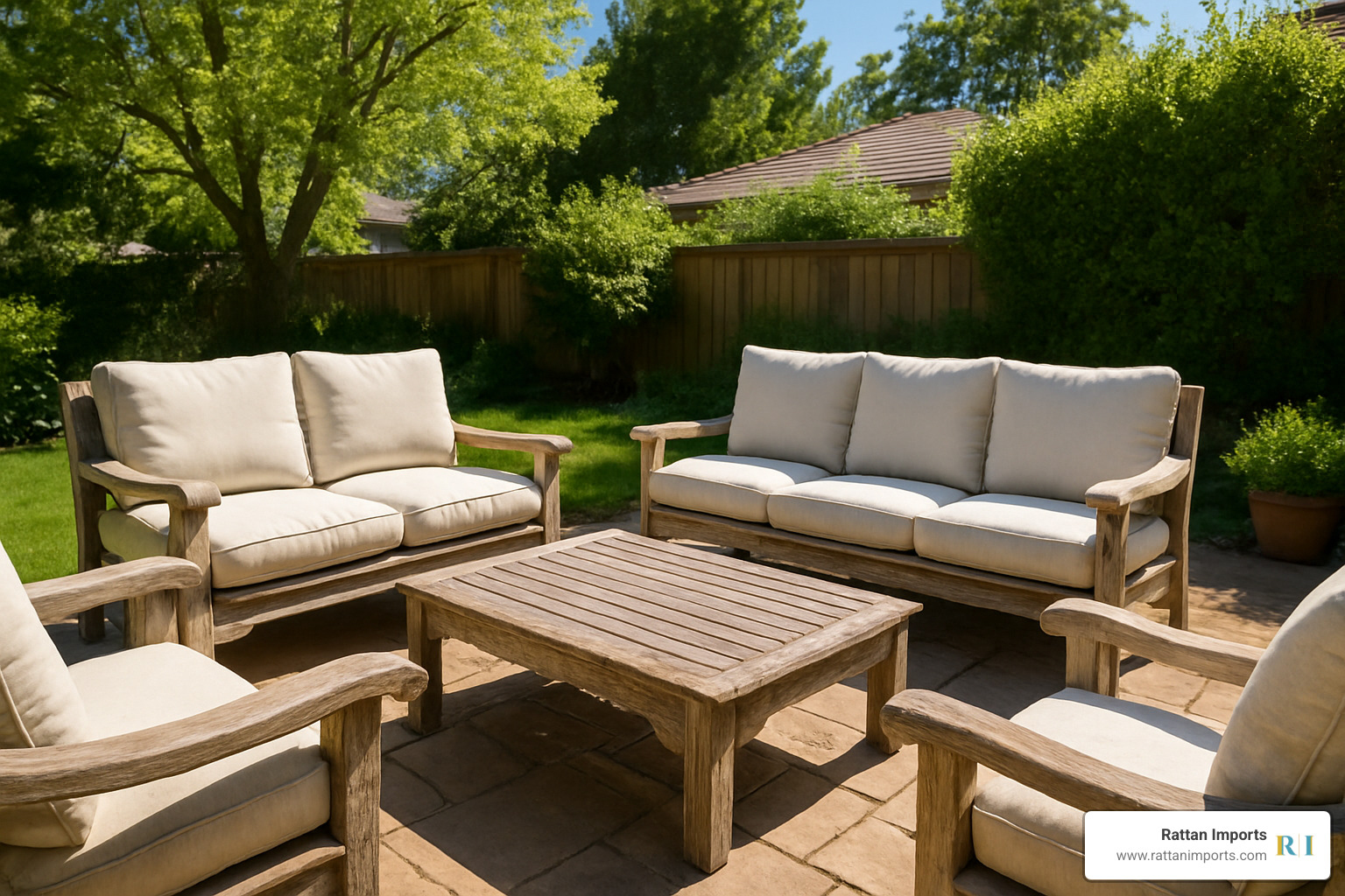 Weathered teak balinese lounge furniture with plush cushions - balinese lounge