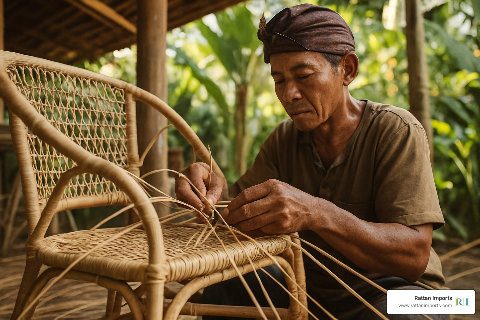 Balinese artisan hand-weaving rattan furniture - balinese lounge