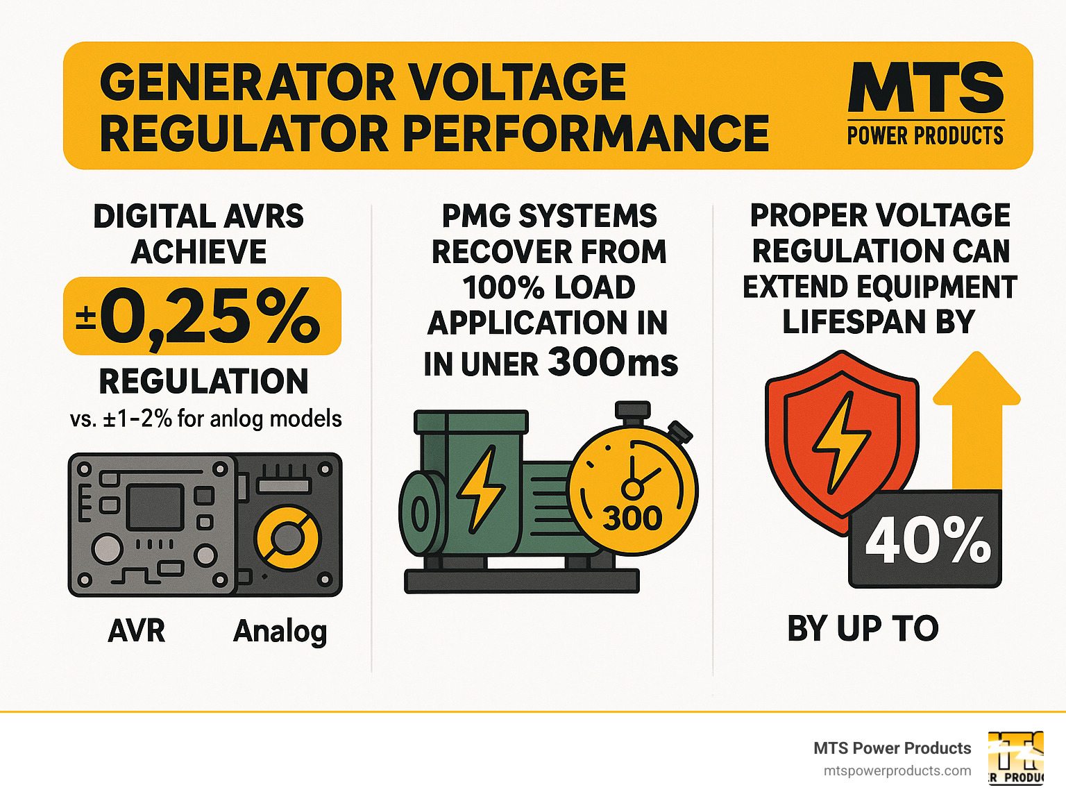 Statistics showing generator voltage regulator performance impact: 1) Digital AVRs achieve ±0.25% regulation vs ±1-2% for analog models, 2) PMG systems recover from 100% load application in under 300ms, 3) Proper voltage regulation can extend equipment lifespan by up to 40% - generator voltage regulator infographic 