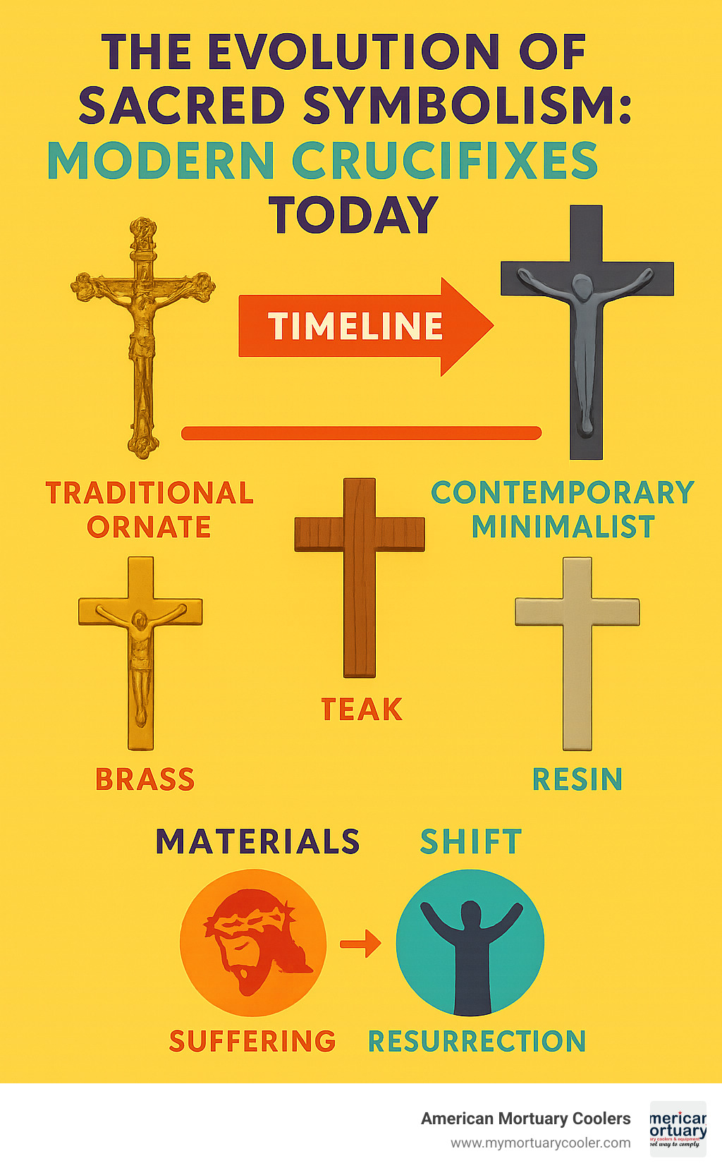 Timeline showing the evolution of crucifix design from traditional ornate styles to contemporary minimalist approaches, with examples of materials like brass, teak, and resin, and how symbolism has shifted from suffering to resurrection themes - modern crucifix infographic 