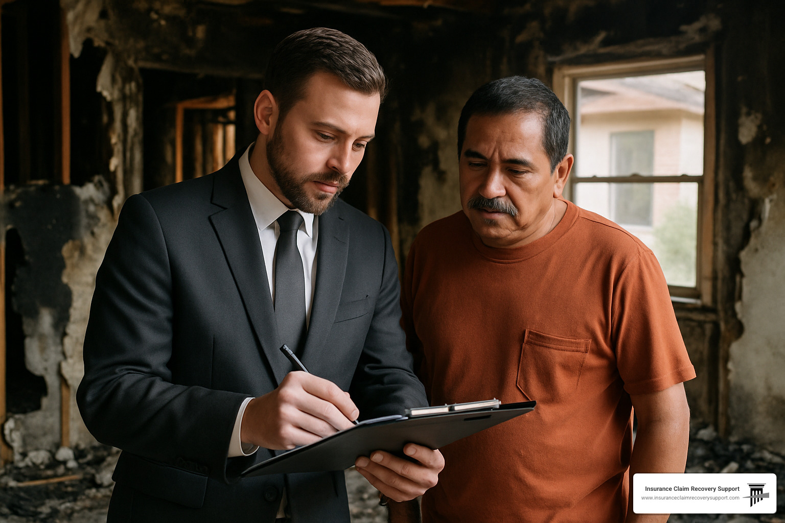 Public adjuster reviewing fire damage with Texas homeowner - Public adjuster in Texas