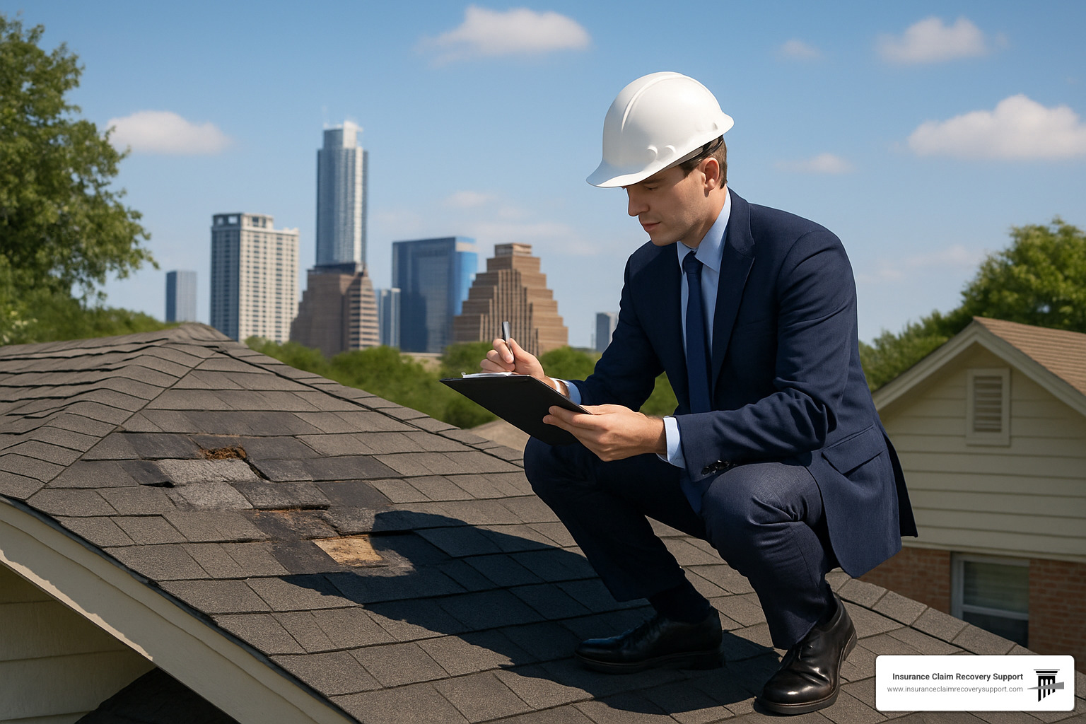 Public adjuster inspecting roof damage in Austin, Texas - Public adjuster in Texas
