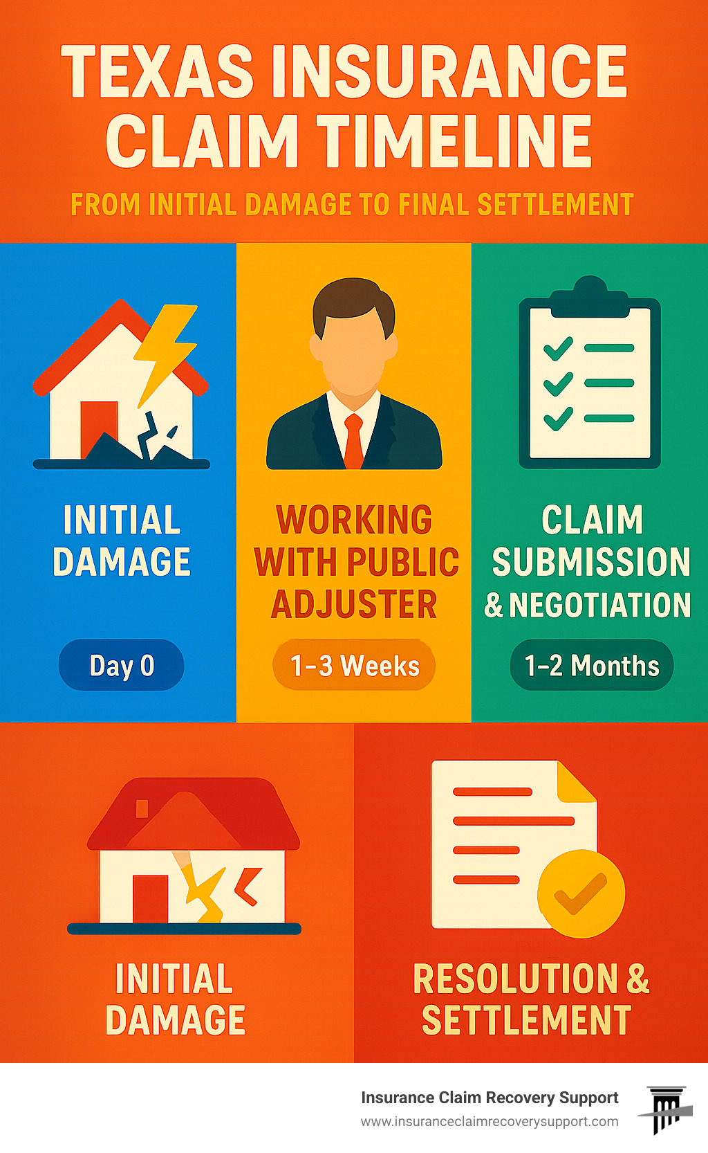 Texas insurance claim timeline from initial damage to final settlement with key milestones and estimated timeframes - Public adjuster in Texas infographic 
