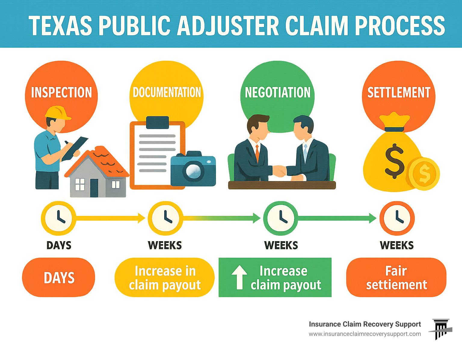 Texas public adjuster claim process showing inspection, documentation, negotiation and settlement phases with associated timeline and policyholder benefits - Public adjuster in Texas infographic 