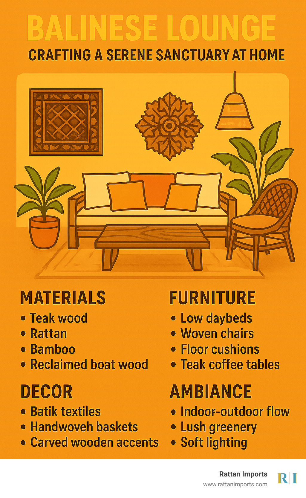 Detailed diagram showing essential elements of a Balinese lounge including furniture placement, material choices, color palette, and decorative accents with explanations of how each contributes to the authentic Balinese atmosphere - balinese lounge infographic 