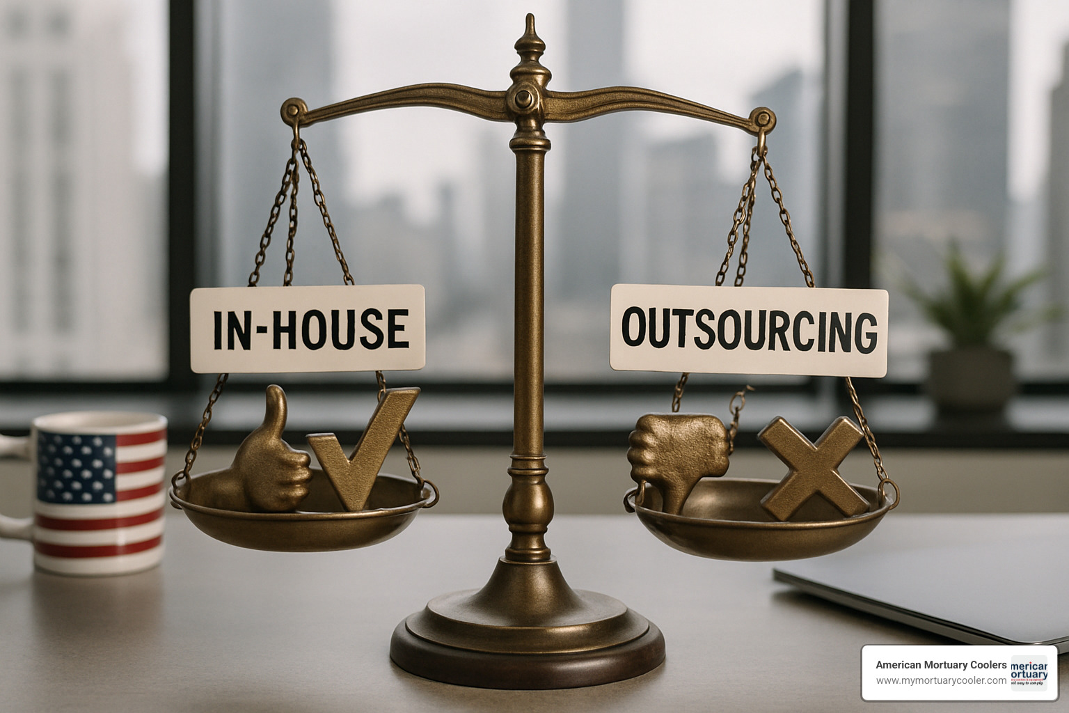 balance scale showing pros and cons - in house vs outsourcing