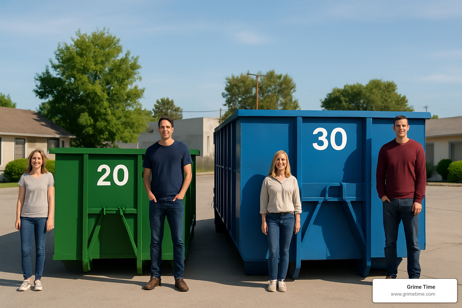 different sized dumpsters with people for scale - dumpster rental services round rock
