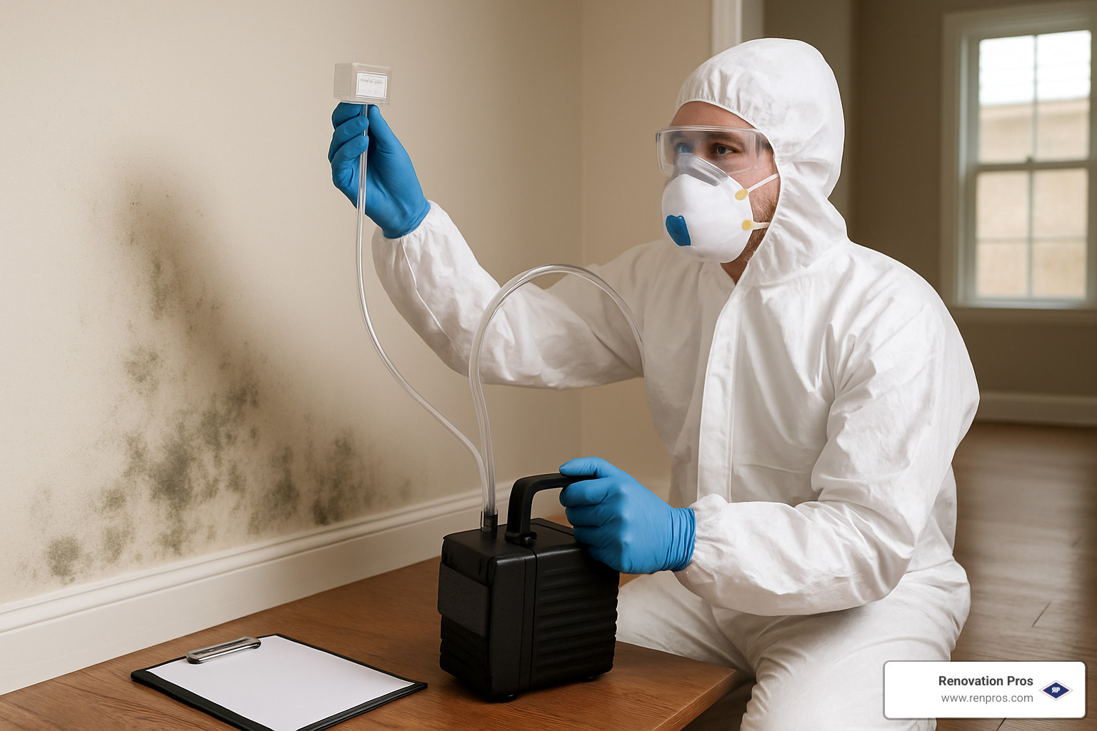 inspector taking air sample for mold testing - mold inspection companies near me