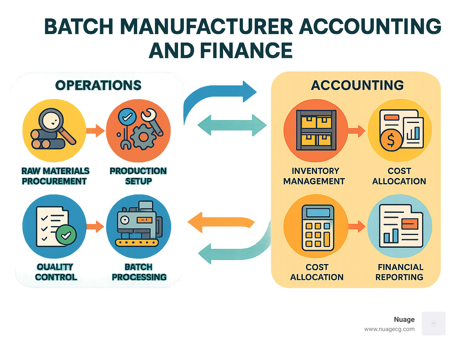 Batch Manufacturing Accounting and Finance lifecycle showing raw materials procurement, production setup, batch processing, quality control, inventory management, cost allocation, and financial reporting with arrows indicating data flow between operations and accounting - Batch Manufacturer Accounting and Finance infographic 