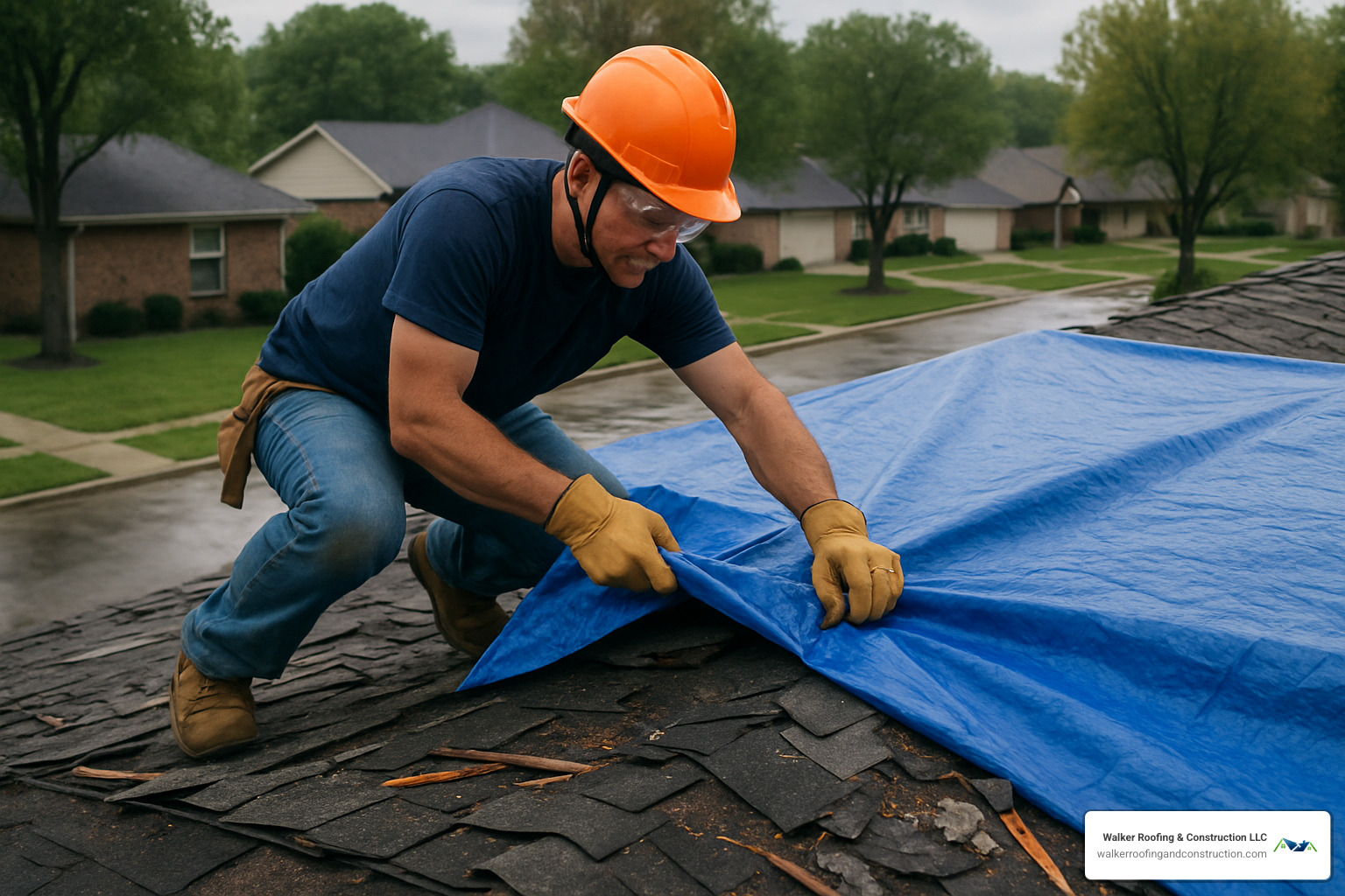 homeowner installing a tarp on a storm-damaged roof - emergency storm roof repair