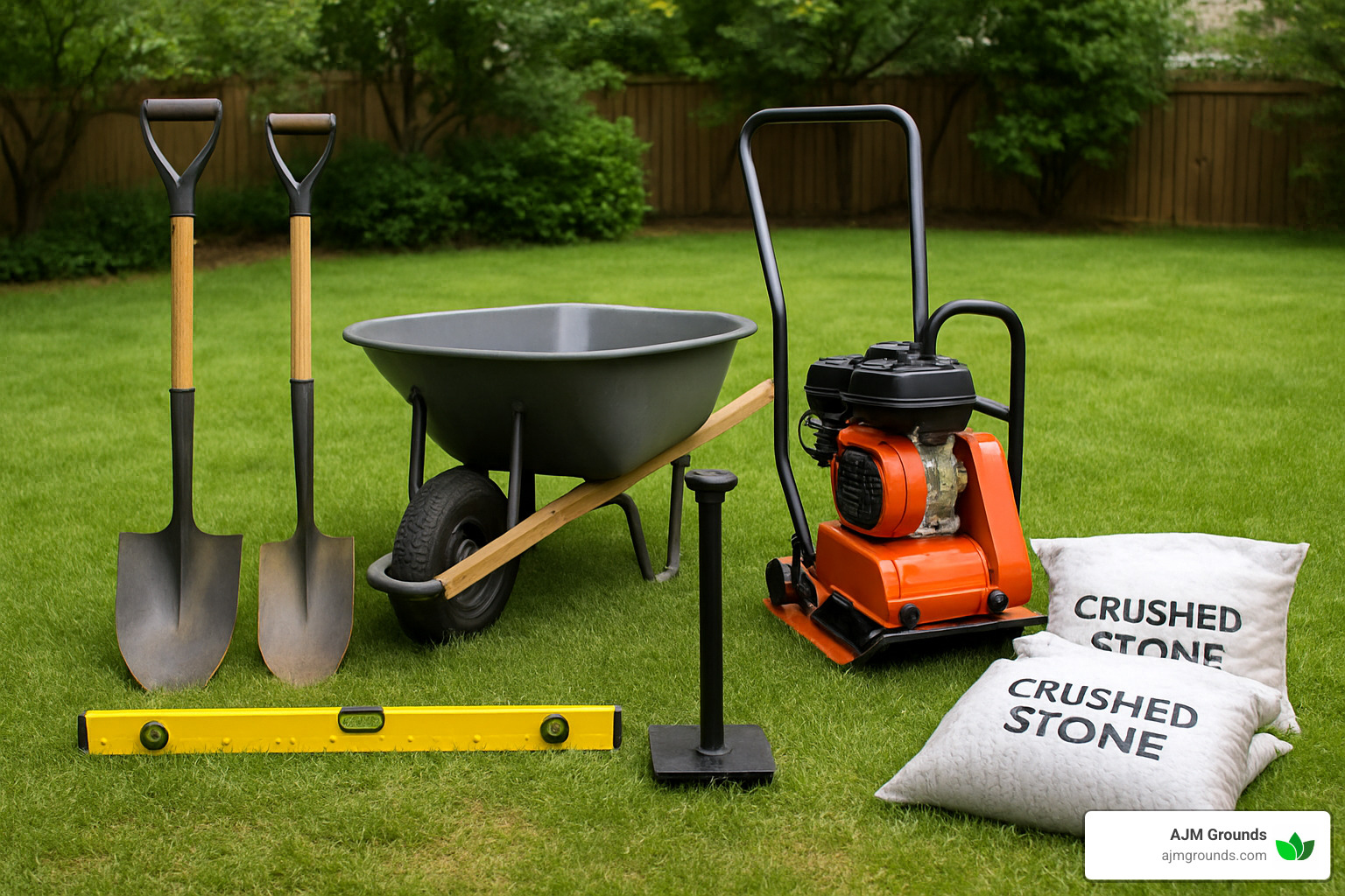 tools and materials for flagstone walkway installation - flagstone walkway installation