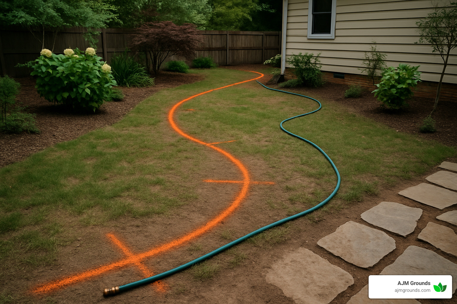 garden path planning with hose and spray paint marking - flagstone walkway installation