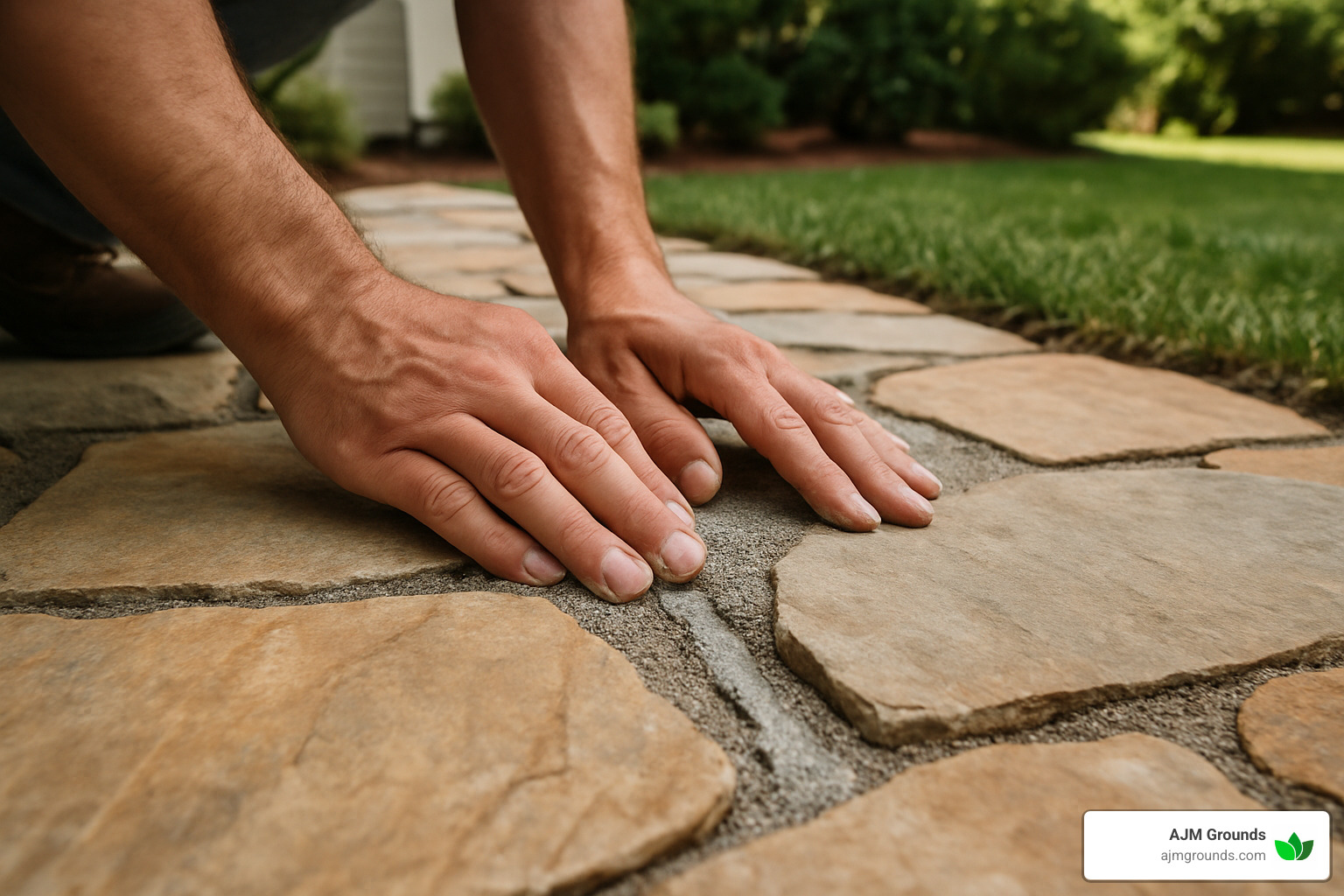 polymeric sand application between flagstones - flagstone walkway installation