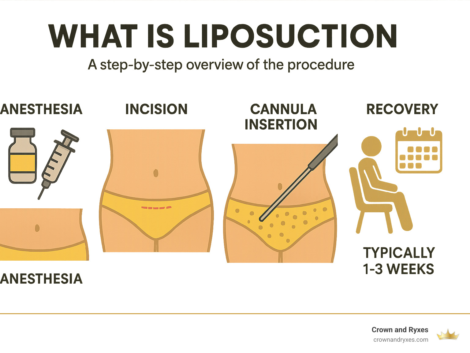 Detailed diagram showing liposuction procedure steps including anesthesia, incision placement, cannula insertion, fat removal process, and typical recovery timeline - what is liposuction infographic 