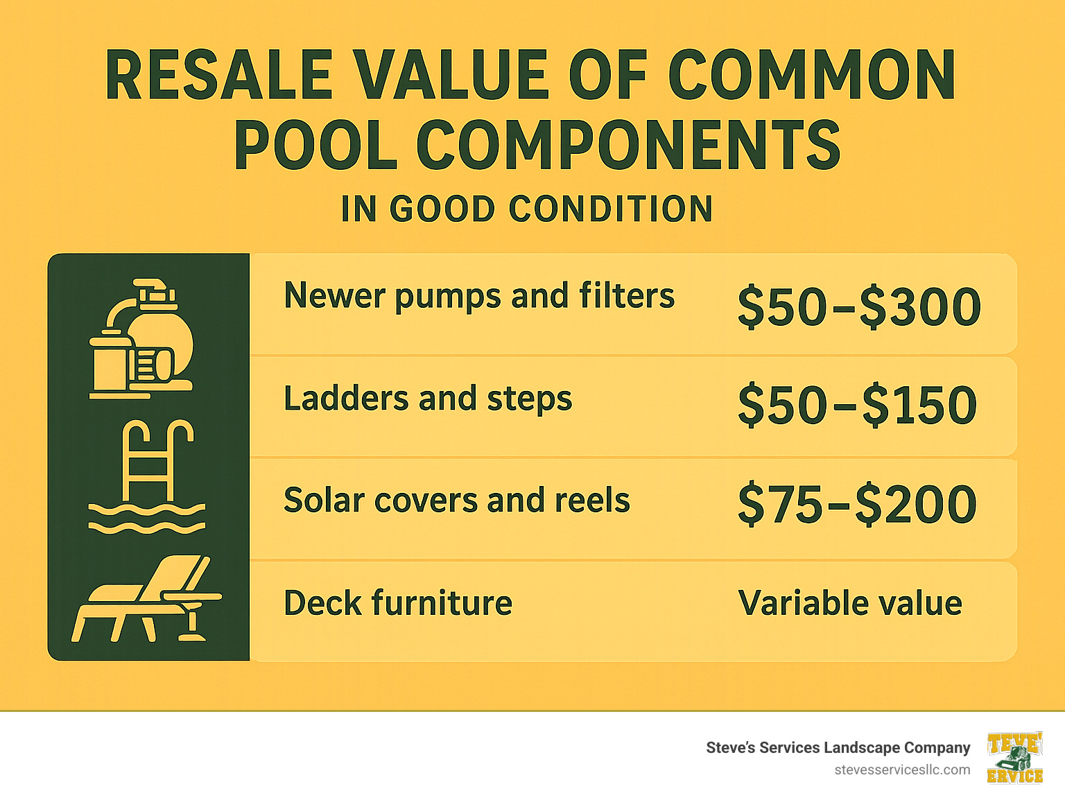 Resale value of common pool components in good condition - above ground pool demolition cost infographic 