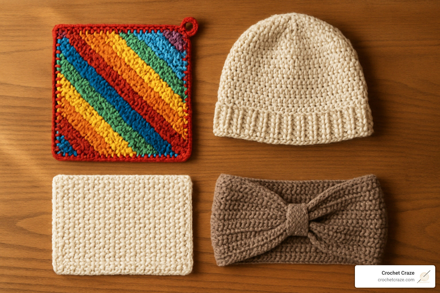 completed beginner crochet projects including potholder, hat, dishcloth, and headband - crochet patterns for beginners step by step