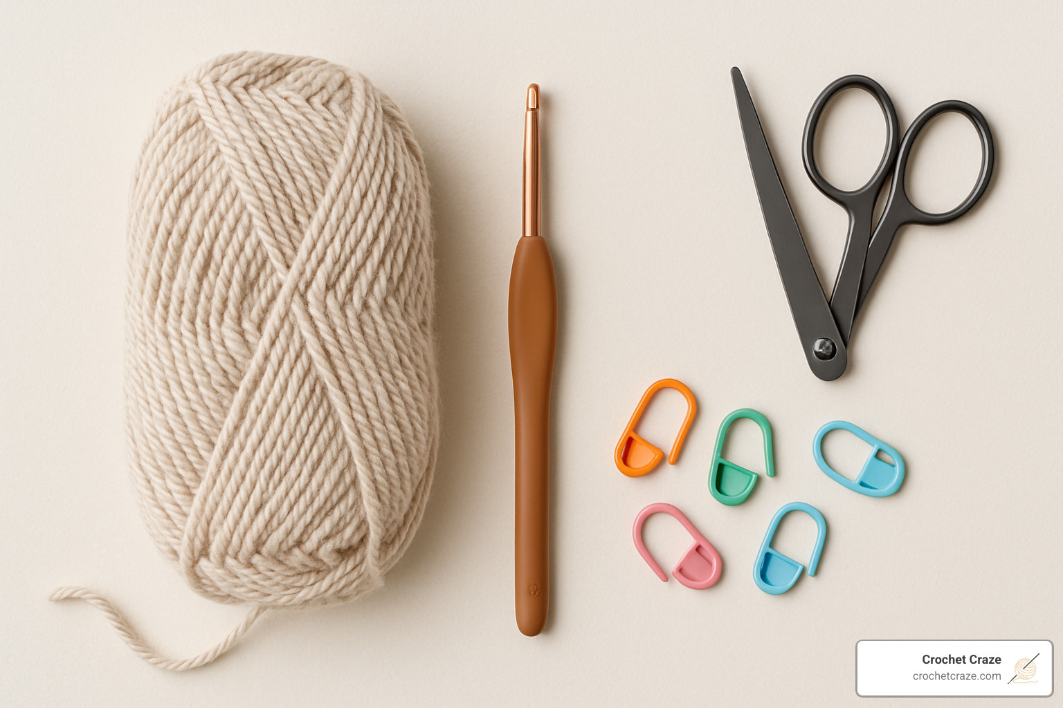 beginner crochet supplies including light colored yarn, hook, scissors, and stitch markers - crochet patterns for beginners step by step