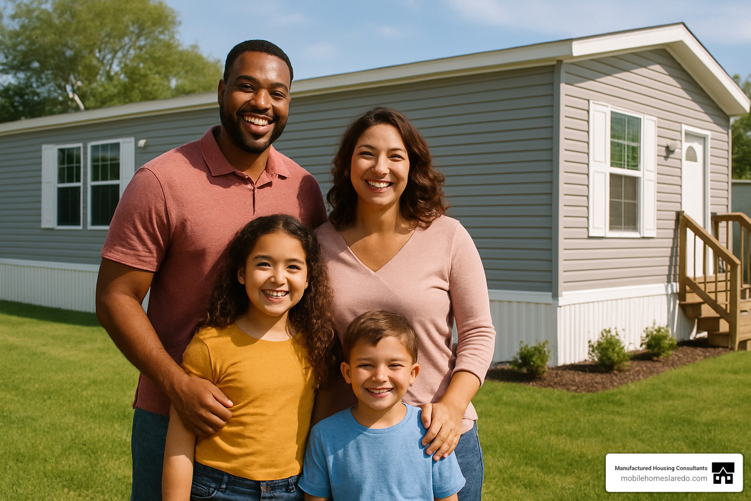 Happy family standing in front of their new manufactured home - best rated mobile home manufacturer Happy family standing in front of their new manufactured home - best rated mobile home manufacturer