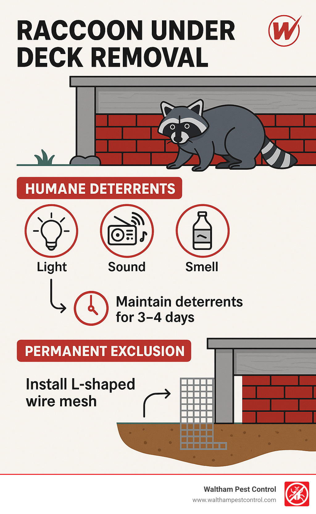 Detailed infographic showing raccoon removal process with light, sound and smell deterrents, timeline for effectiveness, and permanent exclusion methods with L-shaped wire mesh barrier installation - raccoon under deck infographic 