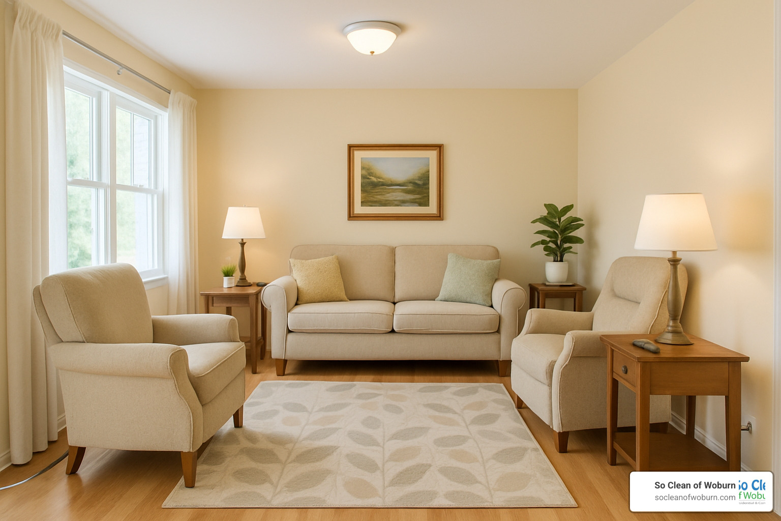 Senior-friendly living room with clear pathways and secured rugs - cleaning for seniors