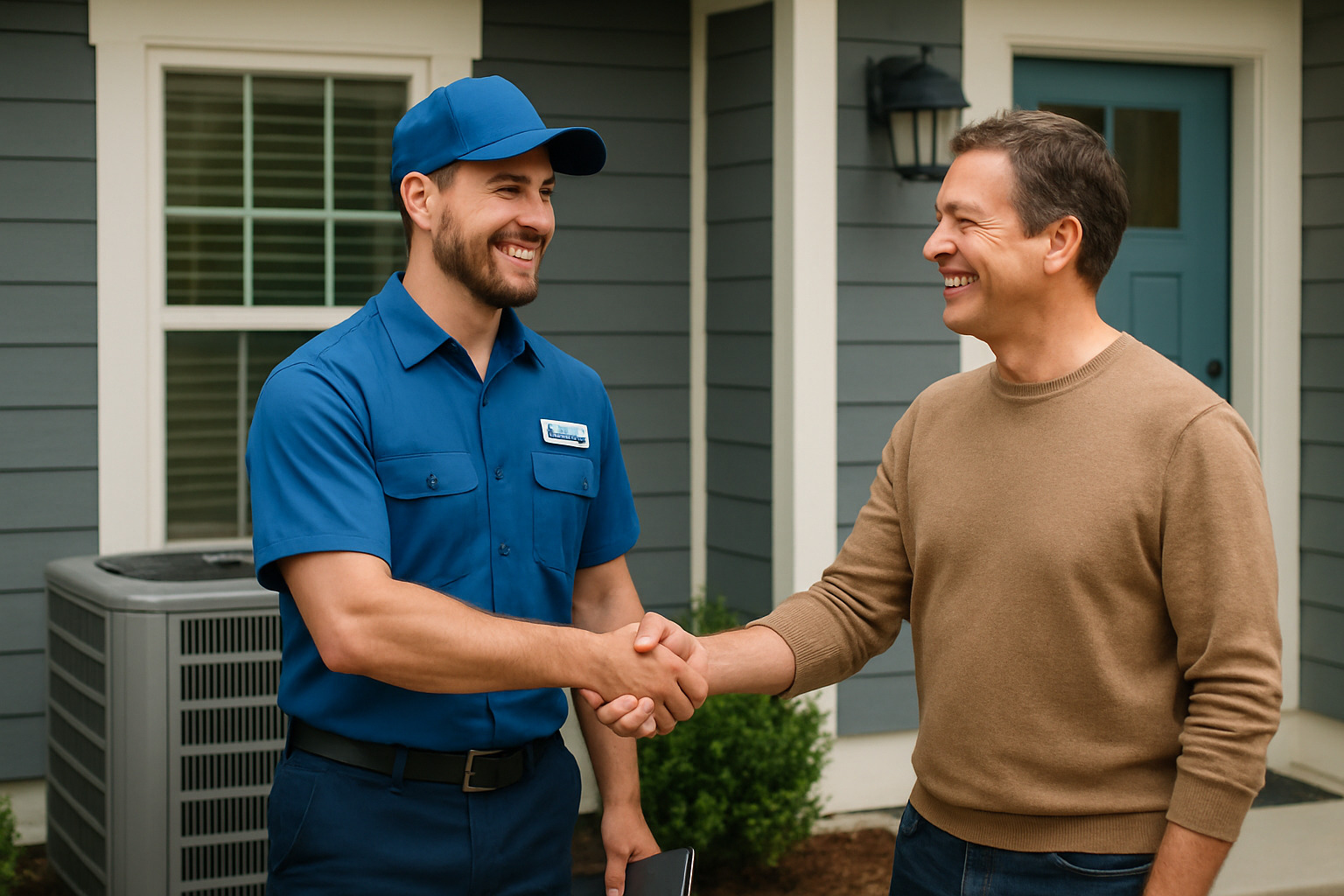 HVAC technician shaking hands with satisfied customer after explaining warranty benefits - email marketing for hvac contractors