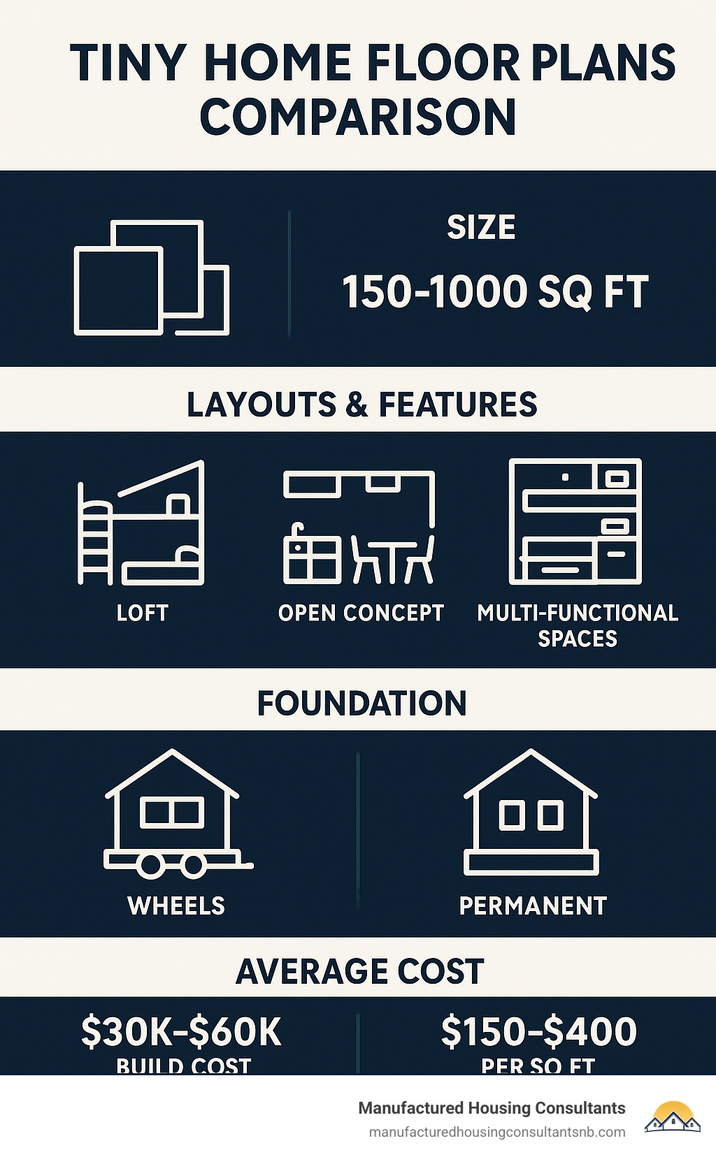 Tiny Home Floor Plans Comparison showing different layouts (150-1000 sq ft), features (lofts, open concept, multi-functional spaces), foundation types (wheels vs. permanent), and average costs ($30k-$60k build cost, $150-$400 per sq ft) - Tiny home floor plans infographic 