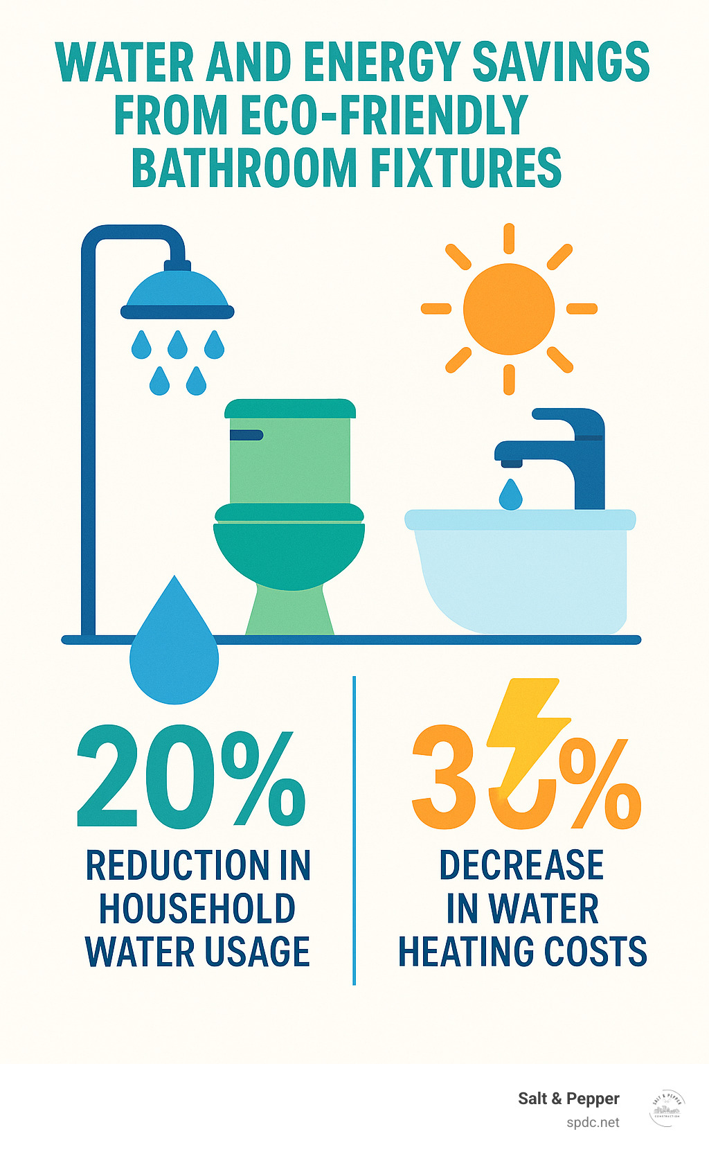 Water and energy savings from eco-friendly bathroom fixtures showing 20% reduction in household water usage and 30% decrease in water heating costs - bathroom remodeling florida infographic 
