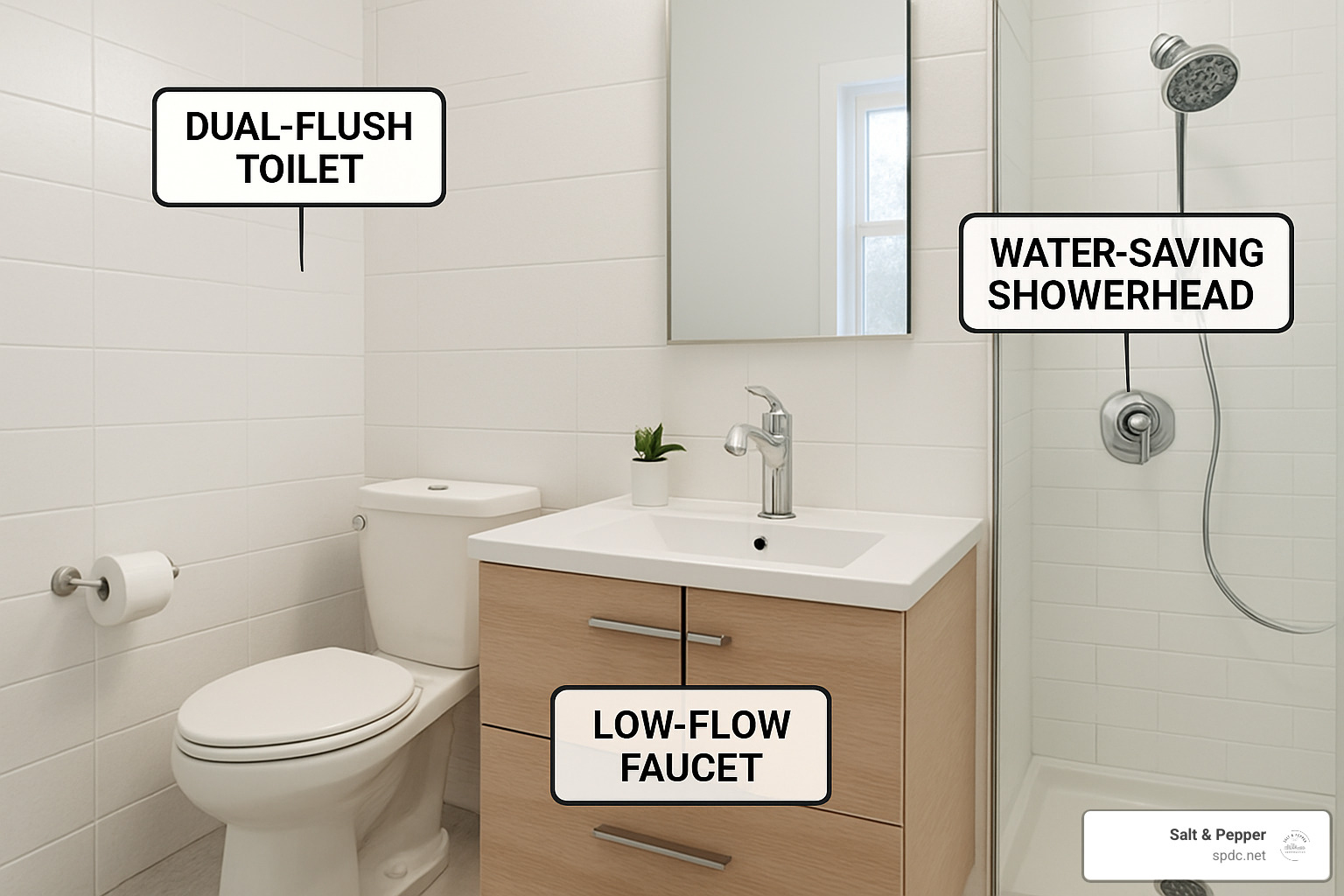 water-efficient bathroom fixtures including low-flow faucet, dual-flush toilet, and water-saving showerhead - bathroom remodeling florida