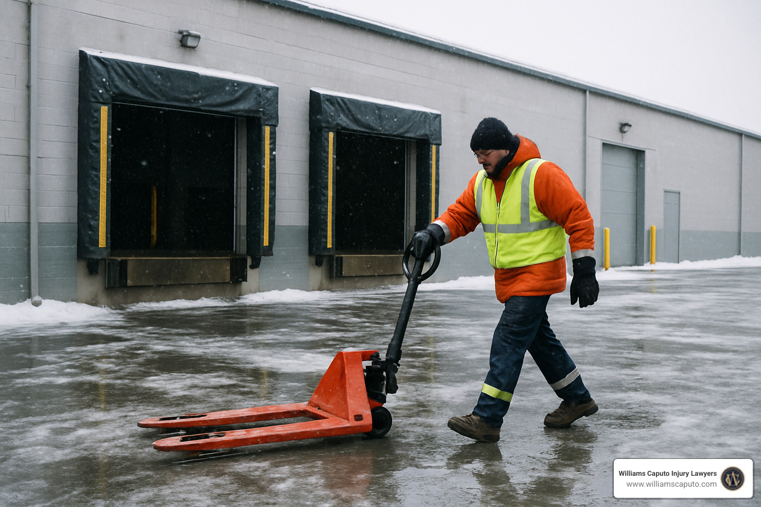icy loading dock with worker - slip and fall workplace