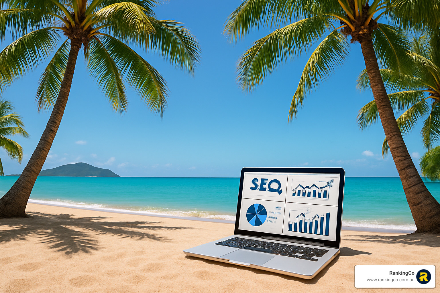 tropical beach in Cairns with laptop showing SEO data - SEO training Cairns