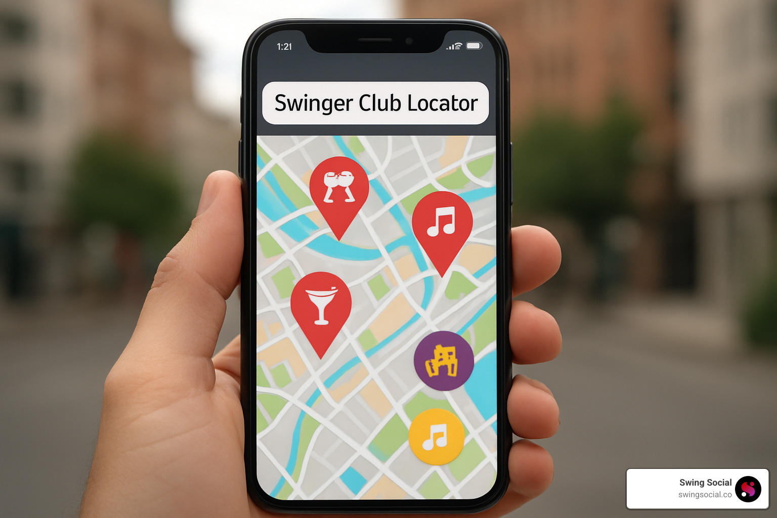 smartphone showing a swinger club locator app - local swingers clubs