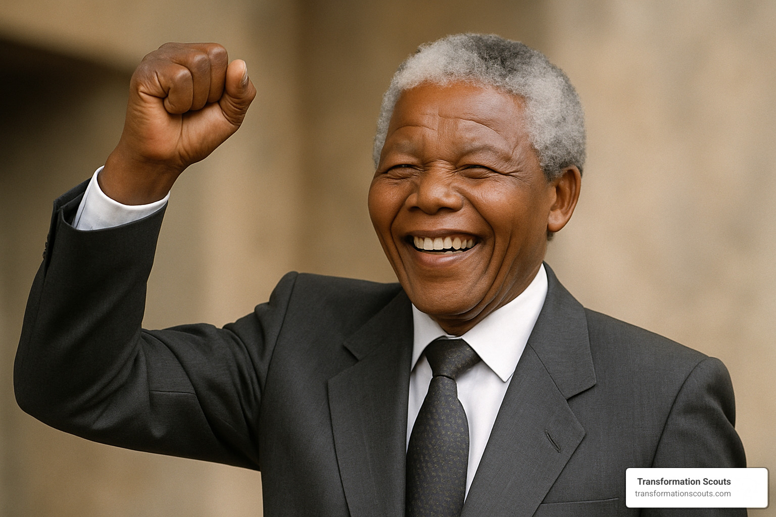 Nelson Mandela smiling with raised fist - example of visionary leadership