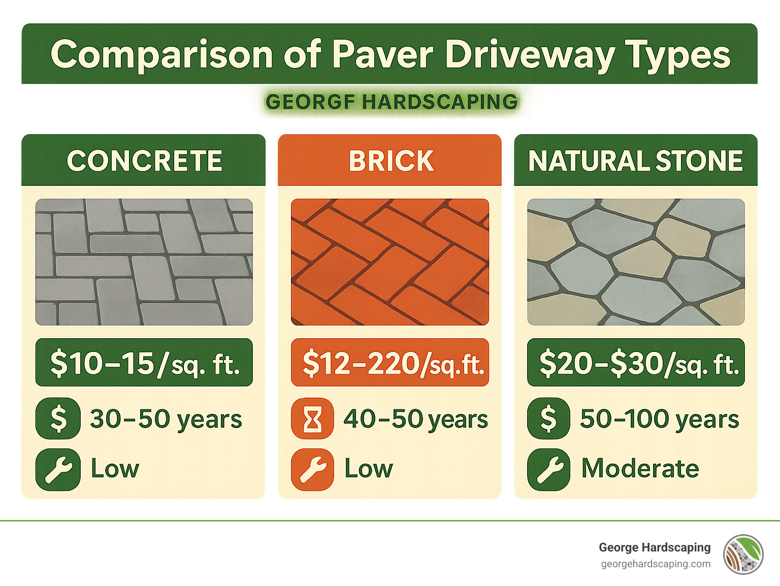 Comparison of paver driveway types showing concrete, brick, and natural stone options with their respective costs, lifespans, and maintenance requirements side by side - Paver Driveway infographic