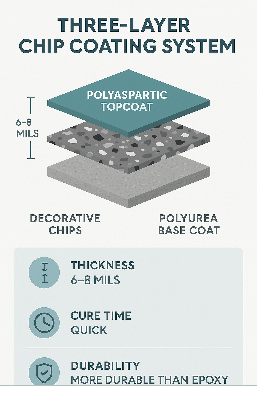 Three-layer chip coating system showing polyurea base coat, decorative chips, and polyaspartic topcoat with details on thickness, cure time, and durability compared to epoxy - custom chip coating options infographic 