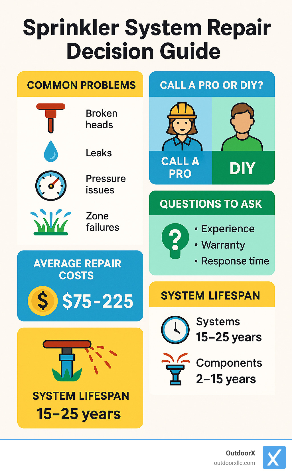 Sprinkler System Repair Decision Guide showing: 1) Common problems (broken heads, leaks, pressure issues, zone failures), 2) When to call a pro vs DIY, 3) Average repair costs ($75-225), 4) Questions to ask repair companies, 5) System lifespan (15-25 years for systems, 2-15 years for components) - sprinkler system repair companies near me infographic