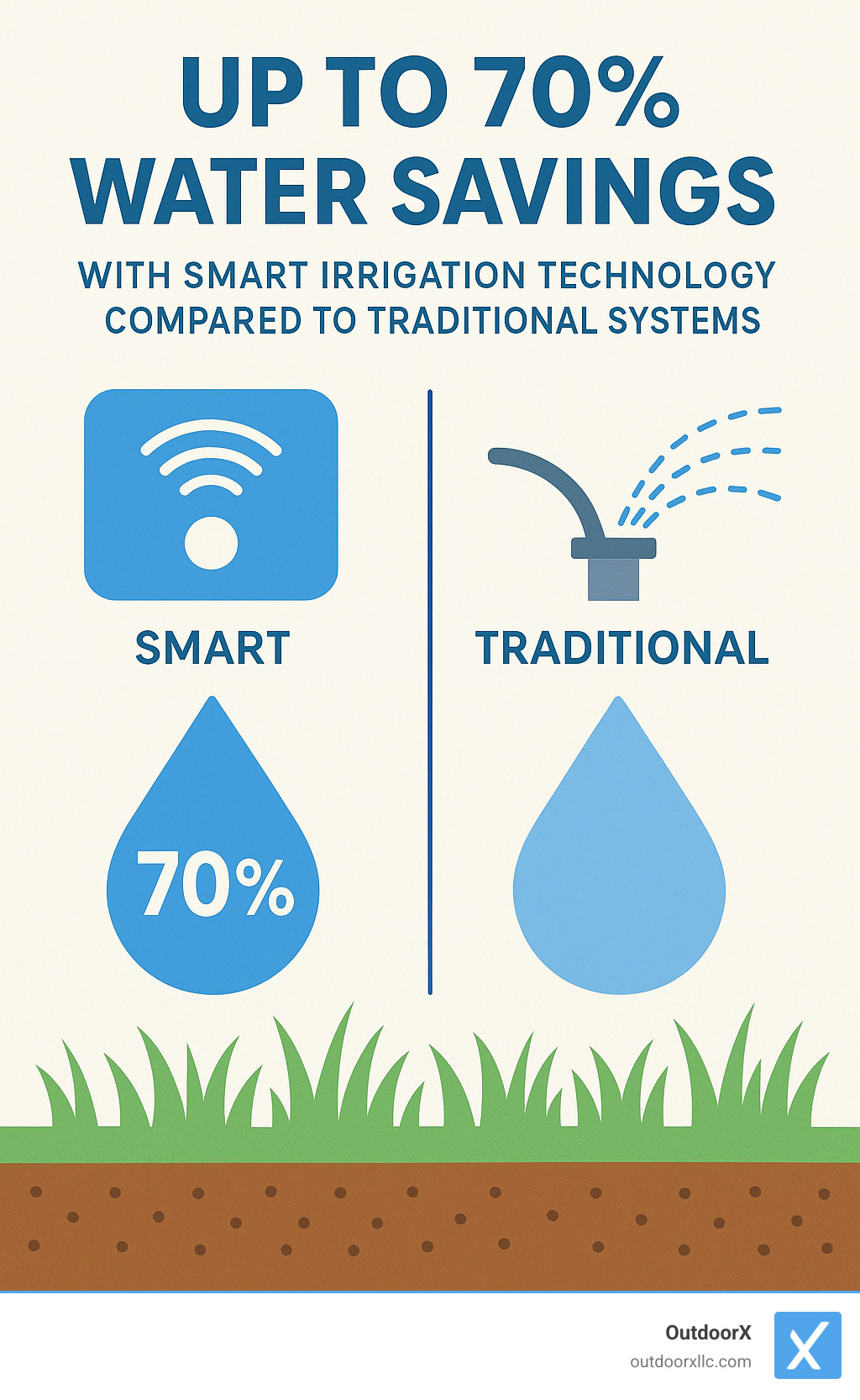 Infographic showing up to 70% water savings with smart irrigation technology compared to traditional systems - sprinkler system repair companies near me infographic