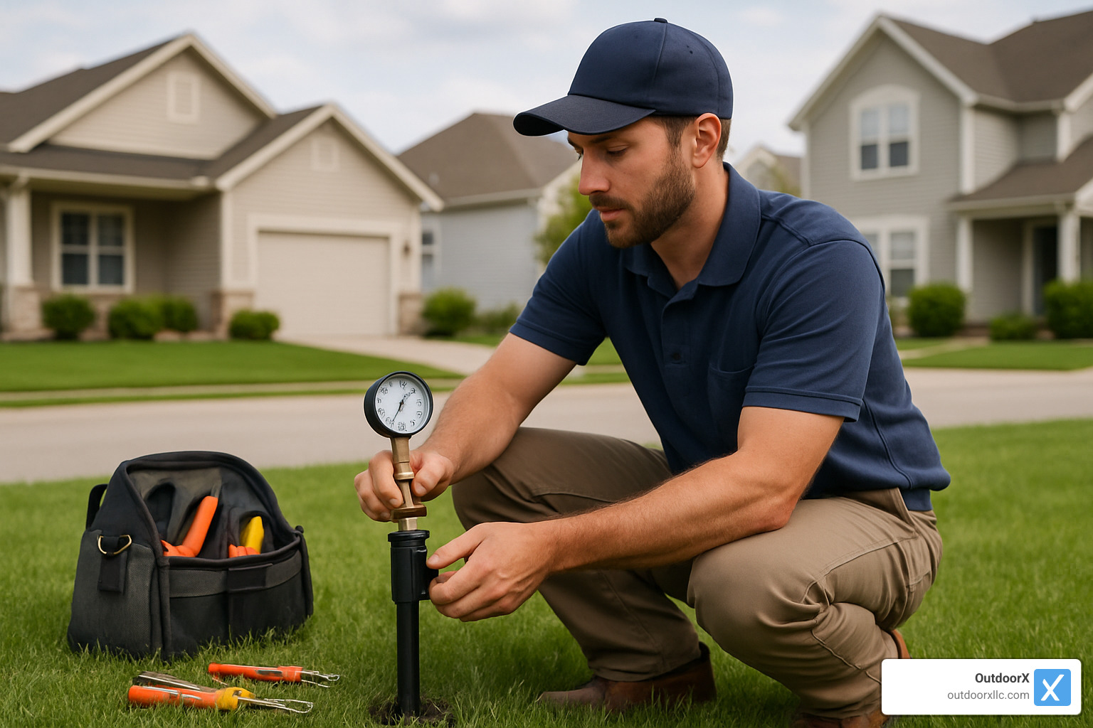 technician testing sprinkler pressure - sprinkler system repair companies near me