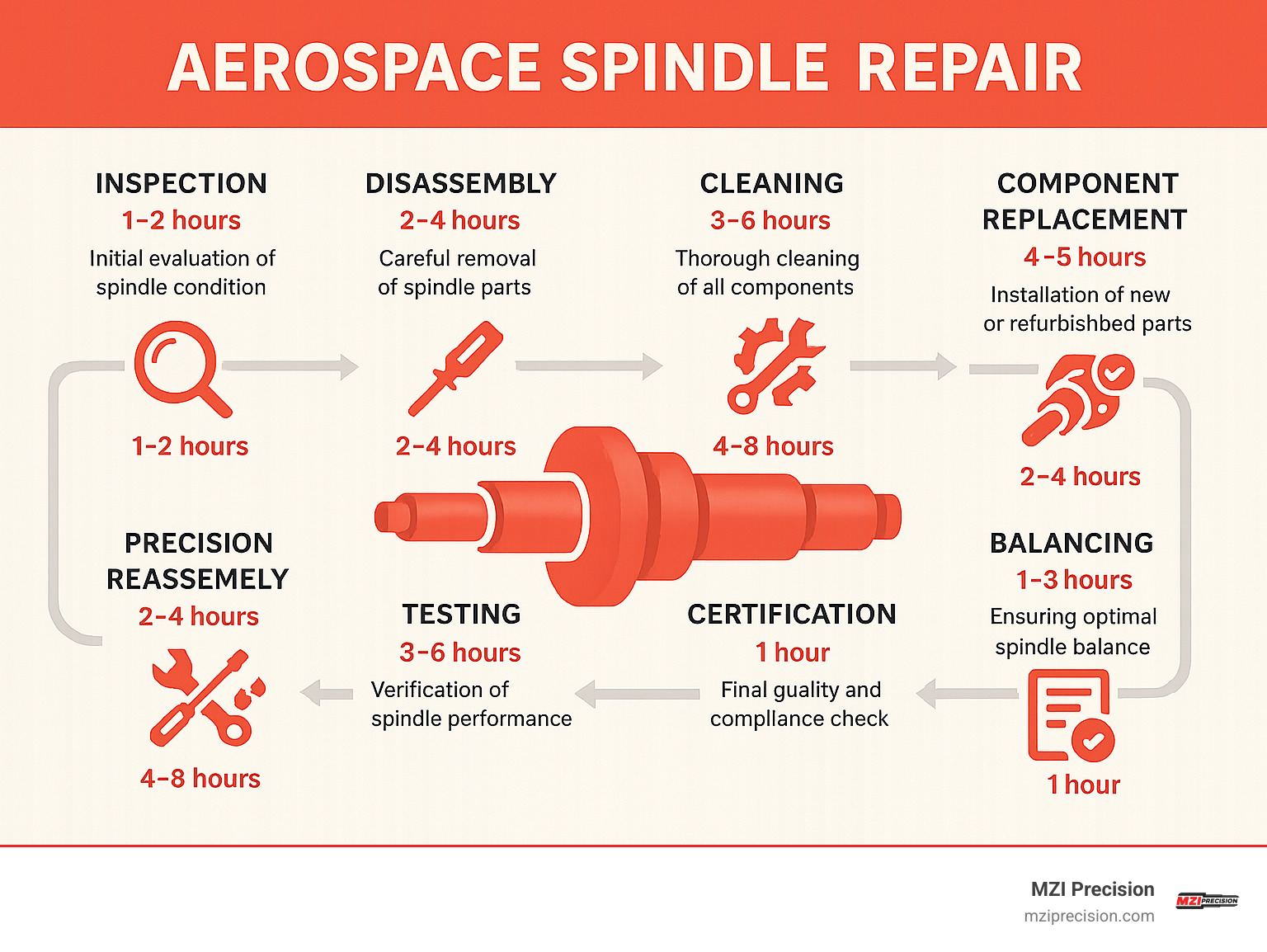 Detailed infographic showing the aerospace spindle repair process including inspection, disassembly, cleaning, component replacement, precision reassembly, balancing, testing, and certification with estimated timeframes for each step - Aerospace spindle repair infographic