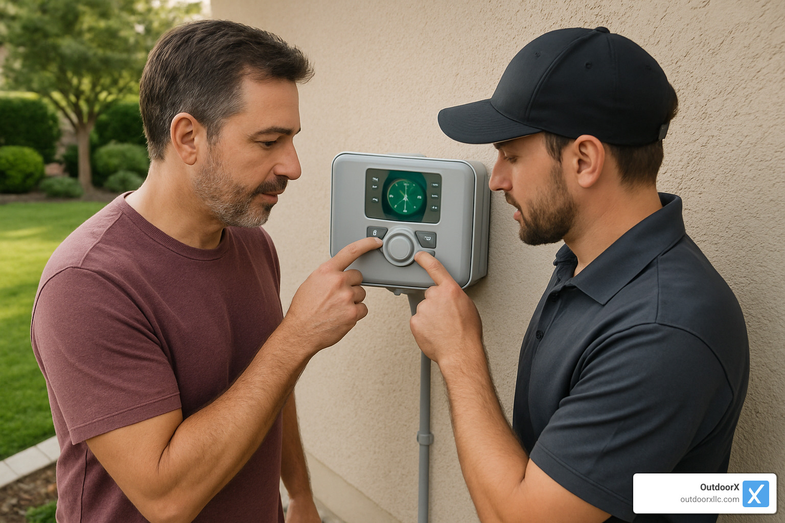 homeowner and technician reviewing sprinkler controller - sprinkler system repair companies near me