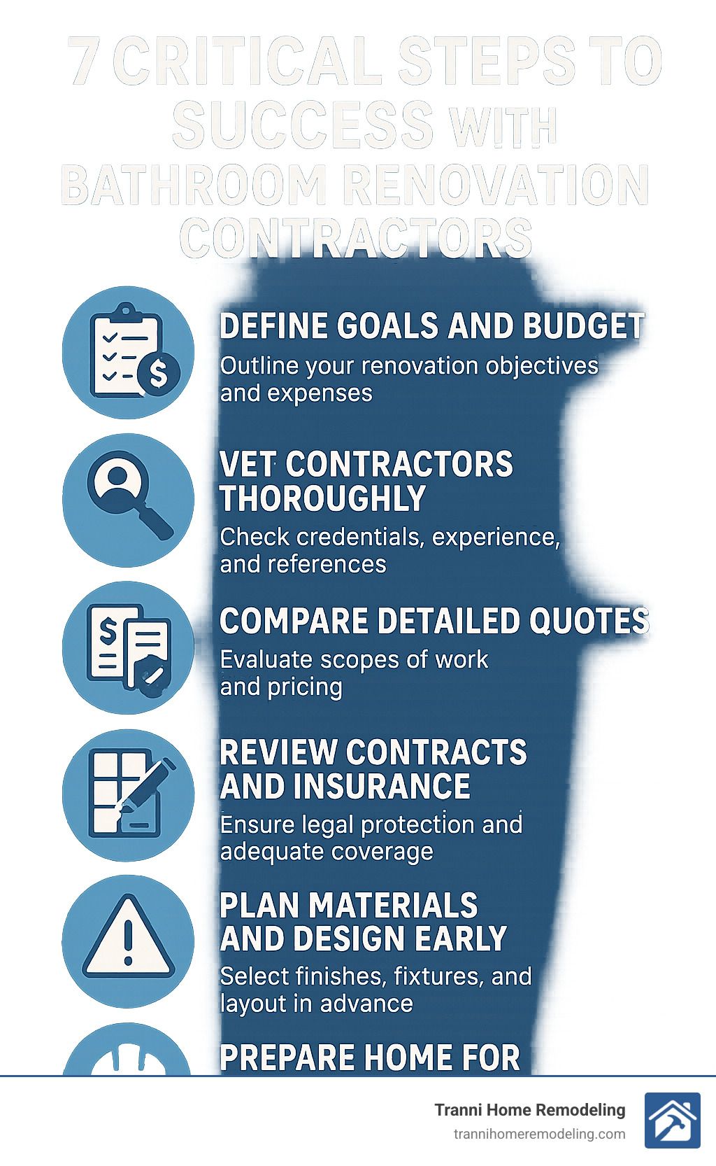7 Critical Steps to Success with Bathroom Renovation Contractors: 1) Define goals and budget, 2) Vet contractors thoroughly, 3) Compare detailed quotes, 4) Review contracts and insurance, 5) Plan materials and design early, 6) Prepare home for construction, 7) Manage project and final inspection - bathroom renovation contractors infographic 