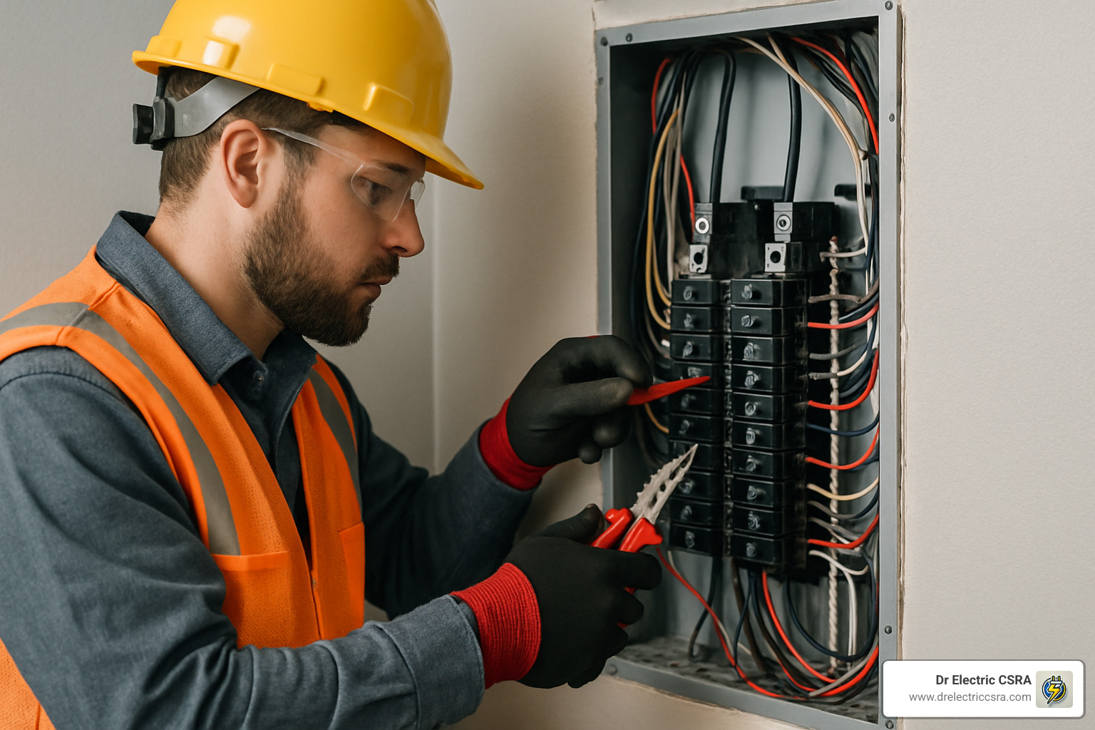 Electrician in safety gear working on a residential electrical panel, using pliers and a red tool to diagnose electrical issues, reflecting Dr. Electric CSRA's 24-hour emergency services for commercial and industrial facilities.