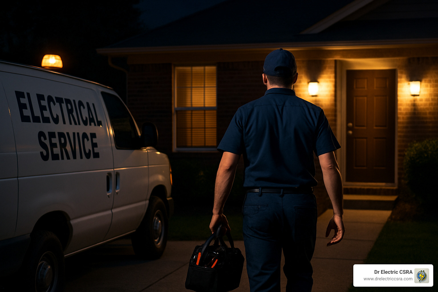 Electrician approaching a home at night, carrying tools, with an electrical service van parked nearby, highlighting emergency response for electrical issues.