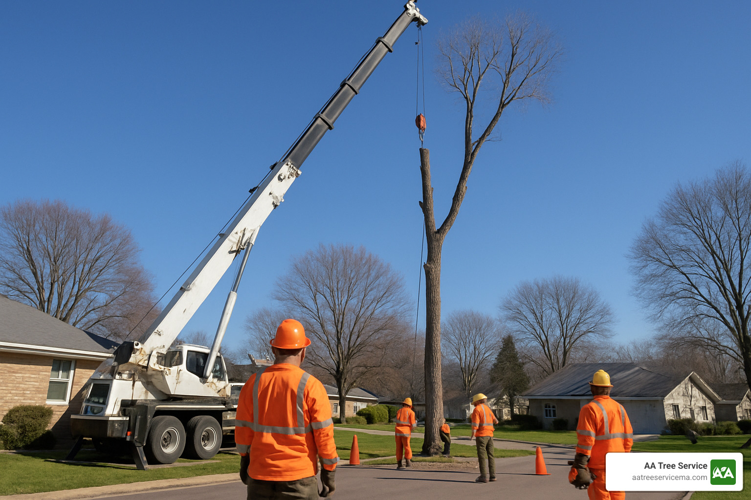 professional tree removal crew using crane - best tree removal service near me