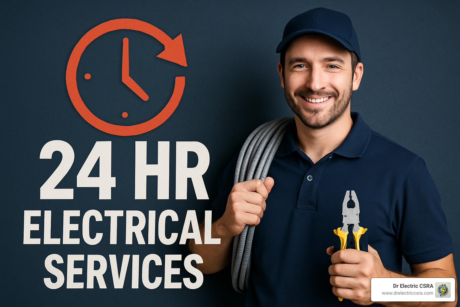 Electrician holding pliers and electrical cable, promoting 24-hour emergency electrical services by Dr Electric CSRA.